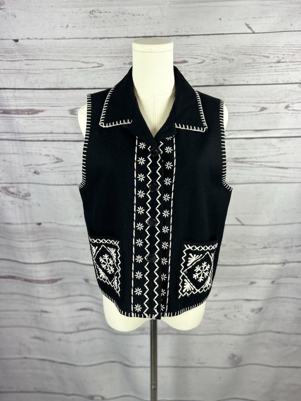 Vintage Talbots Wool Blend Embroidered Snowflake Whipstitch Vest Women’s S